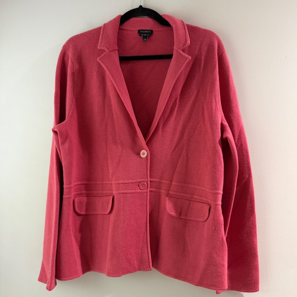 Talbots Knit Blazer Womens Large Pink Good Merino Wool Button Front Cardigan